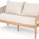 Christopher Knight Home Katarina Patio Acacia Wood Loveseat Furniture, Outdoor Loveseat Sofa with Comfy Fabric Cushions, 2-Seater Sofa with Handwoven Rope Backrest for Garden, Light Brown+Beige