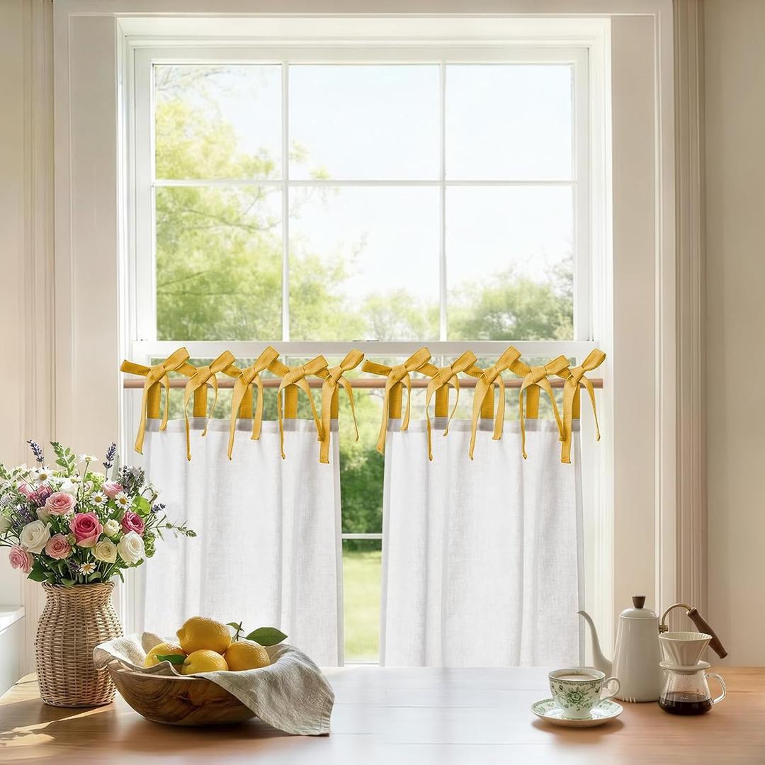 Jinchan Linen Tie Top Curtains 24 Inch Length Farmhouse Cafe Curtains Set of 2 for Bedroom Bathroom Rustic Small Windows Light Filtering White Panels with Mustard Yellow Ties