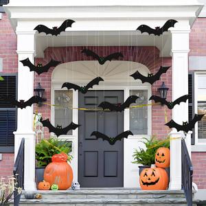 2 x 12PCS Halloween Hanging Bat Decorations with Glowing Eyes, Spooky Realistic Halloween Decorations for Yard Outdoor and Indoor Party Supplies (3 Styles)