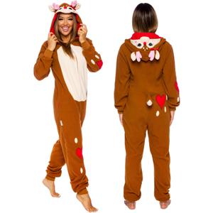 Women's Slim Fit Reindeer One Piece - Plush Adult Holiday Costume Jumpsuit by FUNZIEZ! (Large)