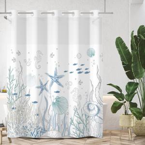 Nautical No Hook Shower Curtain with Liner Beach Coastal Shower Curtain with Snap in Liner Set Ocean Coral Starfish Bath Curtains Fabric Double Layers Washable 71x74 Inch (Blue and White)