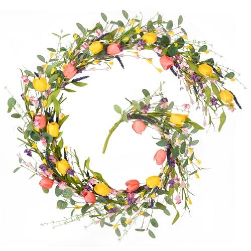 HOHOTIME 6FT Tulip Flower Garland with Eucalyptus, Artificial Spring Floral Vines for Mantle Wedding Porch Staircase Indoor Decor, Fake Wildflower Home Decoration