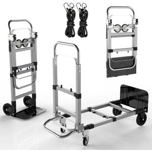 3 in 1 Aluminum Convertible & Collapsible & Folding Hand Truck Dolly Cart with 4 Wheels Foldable & Straps/Portable/Adjustable Size/for Boxes/Cartons/Warehouse/Shopping / 500 Lbs Load