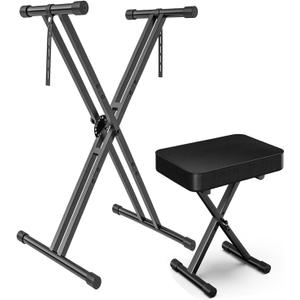 GLEAM Keyboard Stand and Bench Set, Double X Style Digital Piano Stand Height from 19" to 38", Heavy Density Foam Padded Stool from 14" to 18" Black