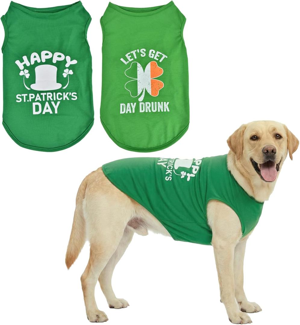 Vehomy 2-Pack st Patricks Day Dog Shirt Irish Holiday Green Dog Shirts with Shamrock Patterns Pet Saint Patricks Clover Clothes Outfit Sleeveless T-Shirt for Dogs 4XL