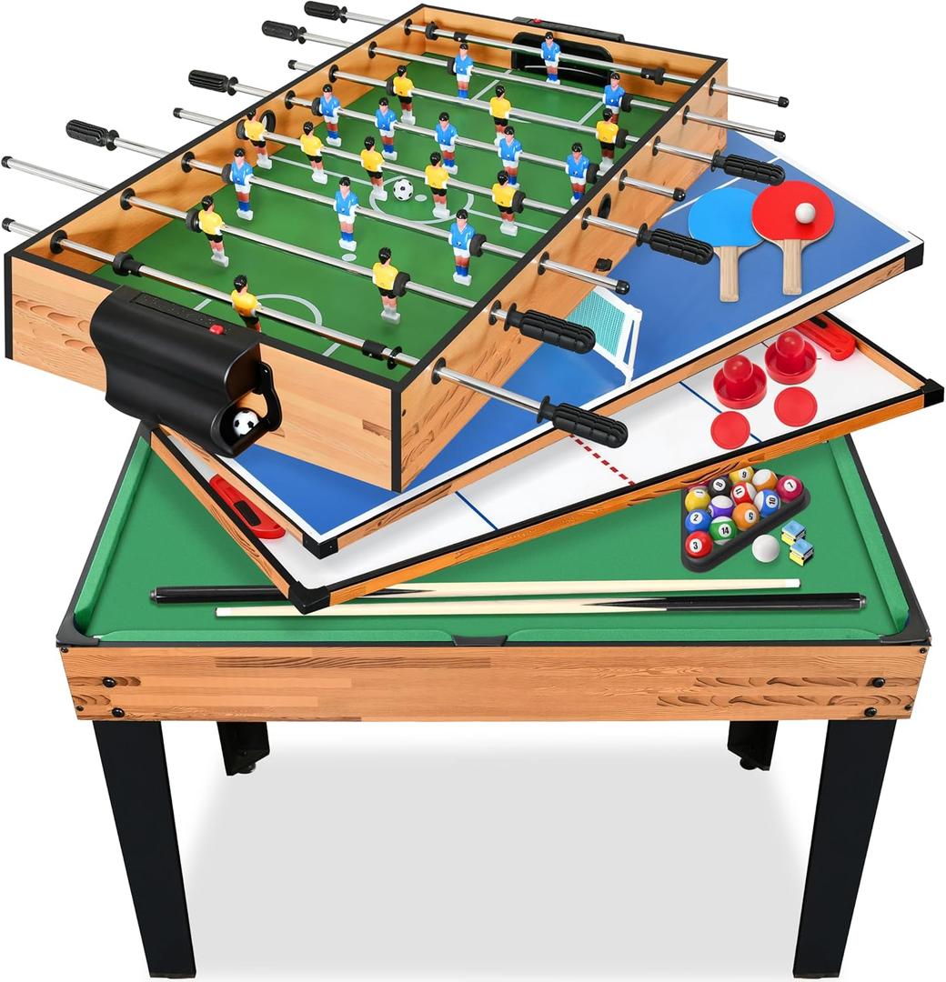 SereneLife 4in1 Multi Game Table, 48 Sports Arcade with Accessories, Ping Pong, Air Hockey, Pool Billiards, Soccer Foosball All in One, for Indoor and Outdoor, Family, Kids and Adults