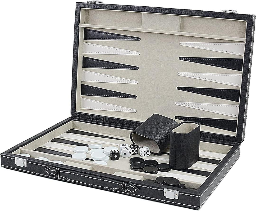 Backgammon Sets for Adults, 15" Backgammon Set Leather Large, Travel Backgammon Board Games - Classic Board Game (Grey Inner Lining)