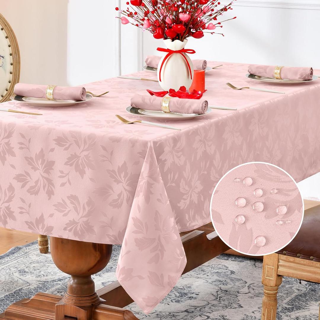 Romanstile Jacquard Rectangle Tablecloth - Waterproof Damask Floral Pattern Decorative Table Cloths Heavy Weight Fabric Table Covers for Dinner/Parties/Outdoor - 60 x 84 Inch, Pink