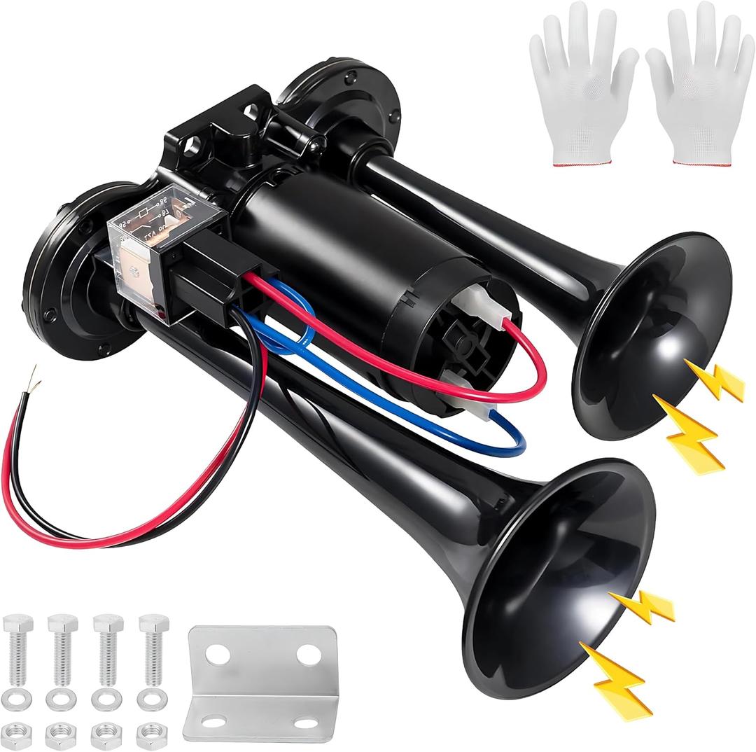 24V 600dB Super Loud Dual Trumpet Electric Train Air Horn Kit with Heavy-Duty Compressor Waterproof Black Airhorn for Trucks, Motorcycles, SUVs, Pickups, Boats, ATVs & Off-Road Vehicles