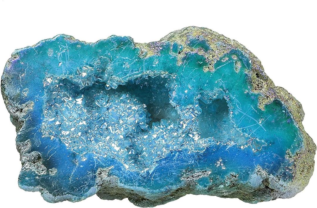 Mookaitedecor Angel Aura Quartz Geode Stone Titanium Coated Natural Rock Crystal Cluster Specimen for Reiki Healing Meditation Home Decor 0.22-0.44 LB, Light Blue