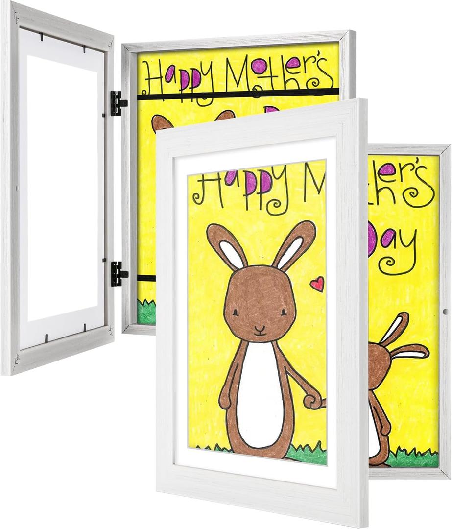 2Pack Kids Art Frames White, 10x12.5 8.5x11 Child Artwork Display Frame Without/With Mat Changeable Front Opening Frame Children Storage Frame Hold 50pcs Crafts Drawing Art Project Schoolwork (10x12.5-2pack)