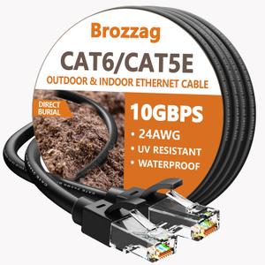 Ethernet Cable 25ft For Cat6/Cat5E, 40Gbps Support Cat8/Cat7, 24AWG Pure Copper, UL Certified Network Cable, Direct Burial Waterproof & UV Resistant, High Speed RJ45 LAN Cord -POE/Modem/Router, Black