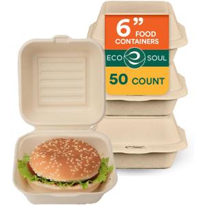ECO SOUL 100% Compostable Clamshell Take Out Food Containers [6X6 50-Pack] Heavy-Duty Disposable To Go Containers, Eco-Friendly, Biodegradable Takeout Containers With Lid