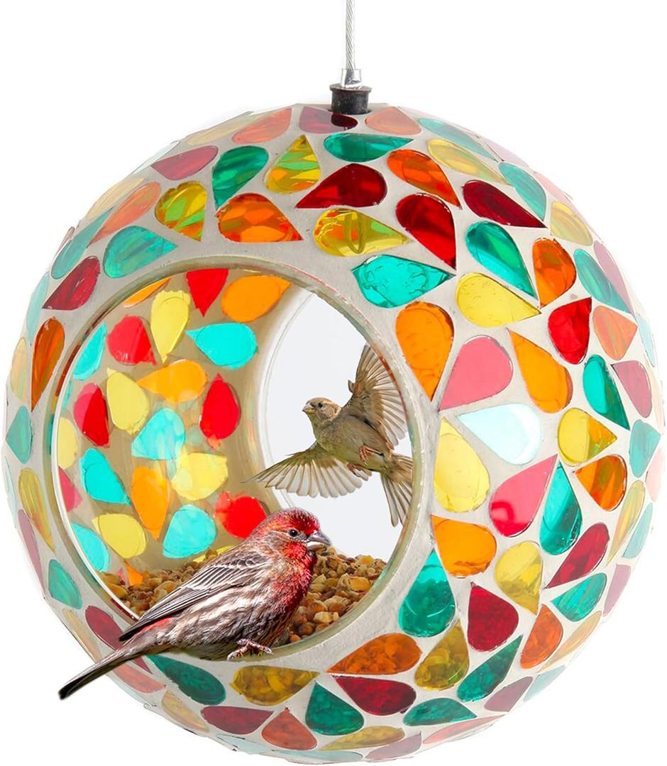 Lily's Home Hanging Outdoor Fly Through Wild Bird Feeder, an Excellent Addition to Any Garden, Mosaic. 5.5 Inches Diameter - Multi Color Droplets
