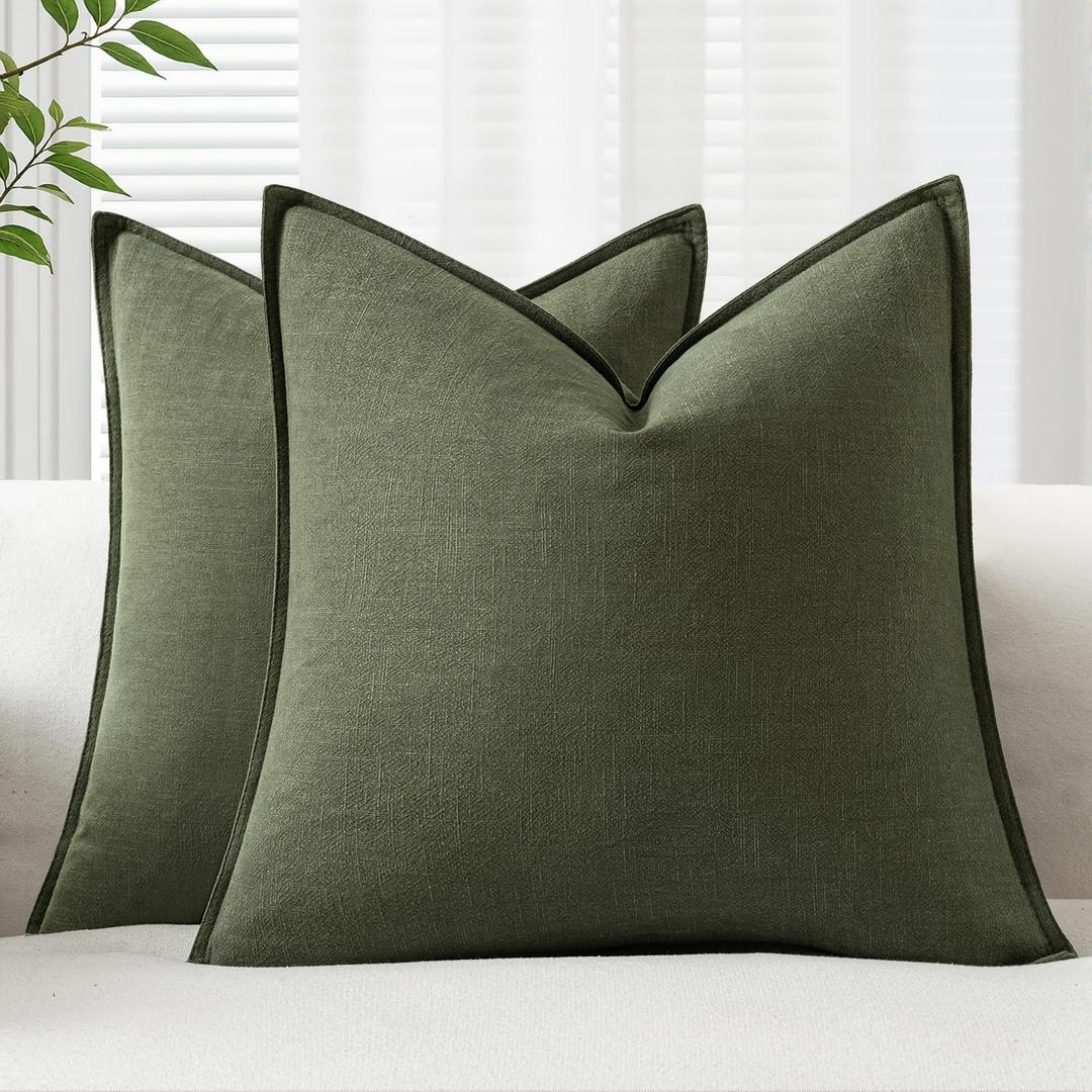 EMEMA Decorative Linen Throw Pillow Covers 22x22 Inch Dark Olive Green Boho Farmhouse Neutral Couch Throw Pillows for Bed Pack of 2 Accent Pillowcase Modern Sofa Cushion Livingroom Home