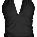 Yonique Women's Halter Tankini Top V Neck Swim Top Tummy Control Bathing Suit (X-Large, Black)