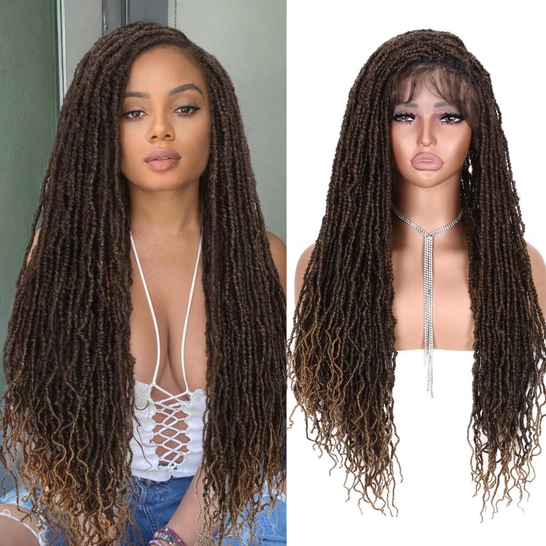 quickwig Full Lace Faux Locs Wig for Black Women Knotless Nu Locs Braids Wig with Baby Hair Long Soft Locs Synthetic Wigs Goddess locs Square Part Lace Front Wigs (1B/27)