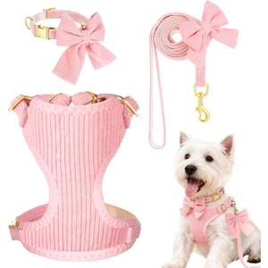 Cute Small Dog Collar Harness and Leash Set, Soft Adjustable No Choke Escape Proof Pet Harness Vest with Secure Metal Buckle, Breathable Soft Mesh Padded Dog Vest for Dogs Cats Pink Pack of 3