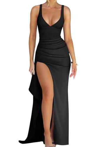 Memoriesea Women's Sexy Plunge Neckline Bodycon Ruched High Slit Party Maxi Dress Black, M