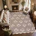 8x10 Scalloped Easy Jute Area Rug, Vintage Tan Neutral Floral Washable Non-Slip Indoor Outdoor Carpet, Farmhouse Rug for Living Room Bedroom Entryway Kitchen Patio
