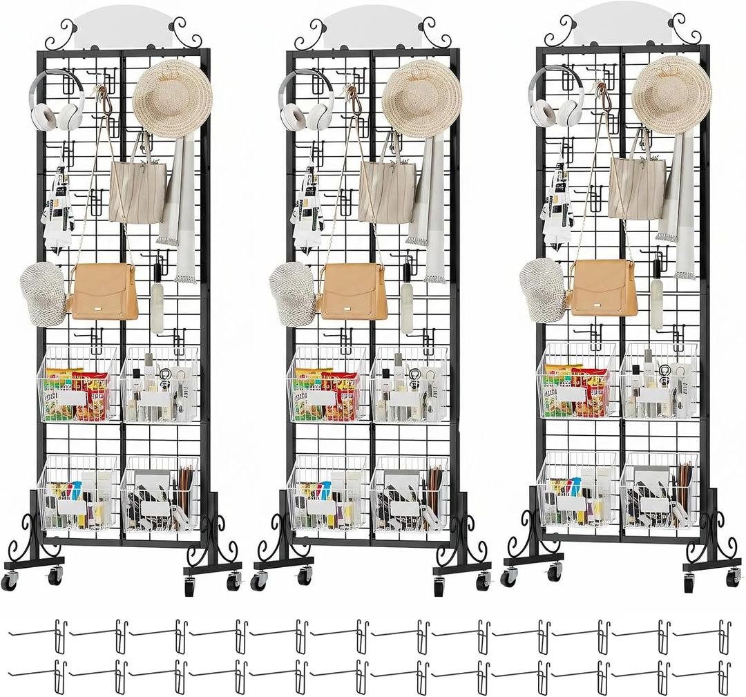 Urban Deco 3 Pack 2.2'x6.2' FT Gridwall Panel Display Stands with 24 Hooks