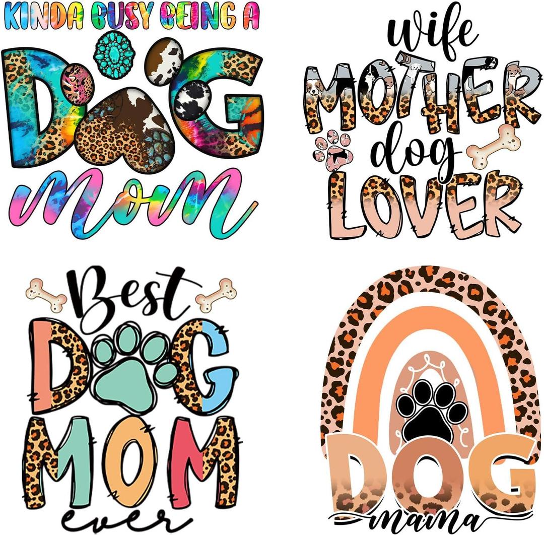 4pcs Dog Mom Mama Iron on Transfers Heat Transfer Decals Iron on Transfers for T Shirts Patches Sticker for Clothes Pillow Covers DIY Appliques