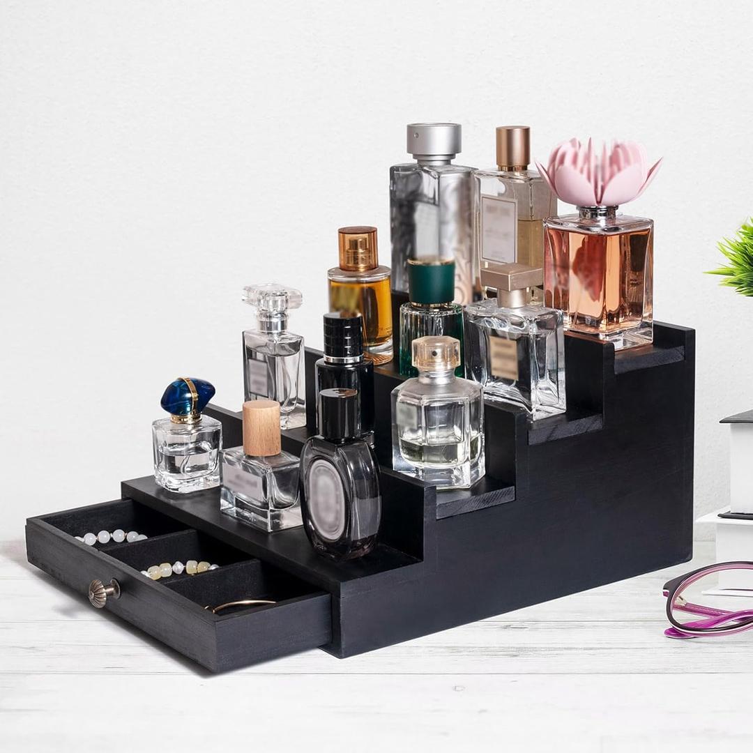Wooden Cologne Organizer for Men, 4 Tier Cologne Display Shelf with Drawer, Perfume Holder for Women, Large Capacity Perfume Stand Organizer for Dresser Bathroom, Black