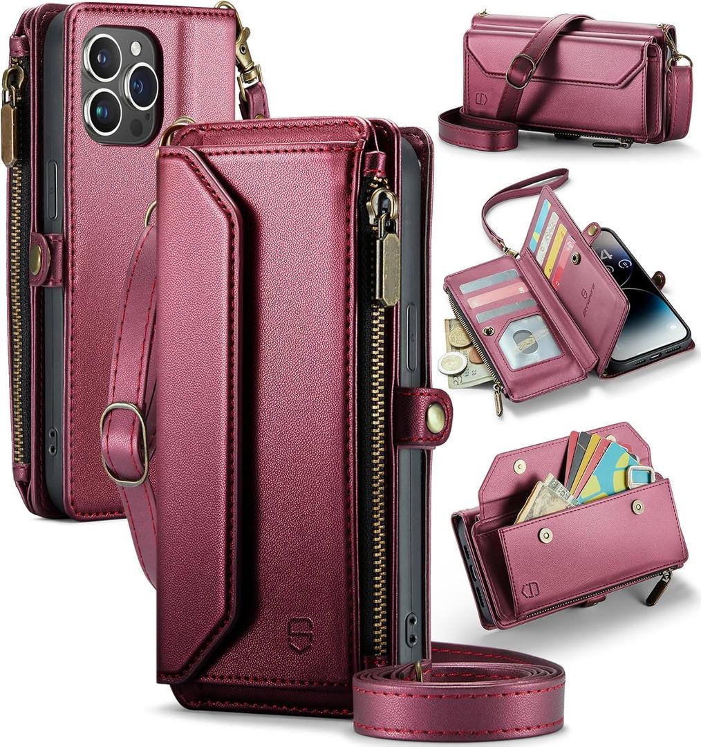 Wallet Case Compatible with iPhone 14 Pro Max RFID Blocking 10-Card Holder Soft PU Leather Magnetic Snap Shoulder Strap Zipper Pocket Phone Case Fit for iPhone 14 Pro Max - Wine Red
