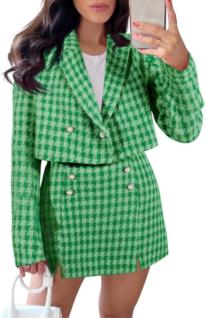 Cicy Bell Womens Cropped Tweed Blazer Sets 2 Piece Outfits and Mini Skirt Sets Business Casual Suits (Small, Green)