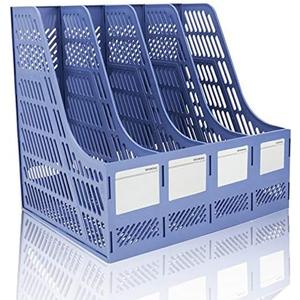Lemical File Holder Desktop Filing File Box 4 Compartments Vertical File Organizer Magazine Rack Book Holder Frames Binder Holder for Home Office School (Blue)