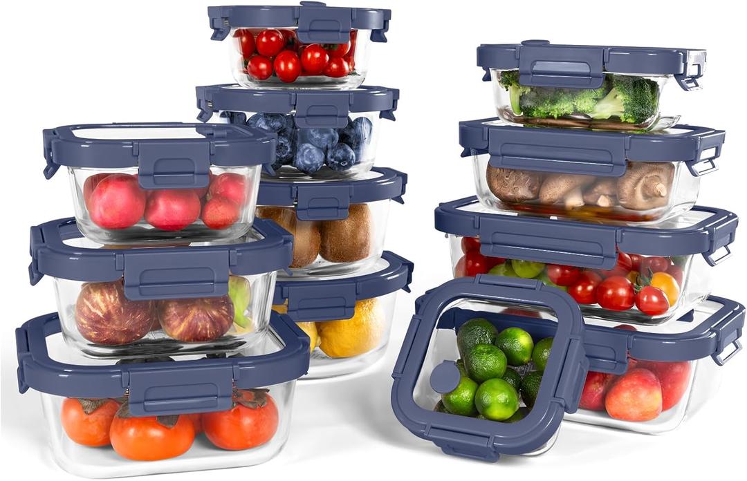 12-Pack Glass Containers with Tempered Lids – Borosilicate, Oven-Safe(-4°F~950°F), Airtight, BPA-Free, Multi-Size for Meal Prep, Dishwasher Safe, 1.6 cups to 6.4 cups (Blue)