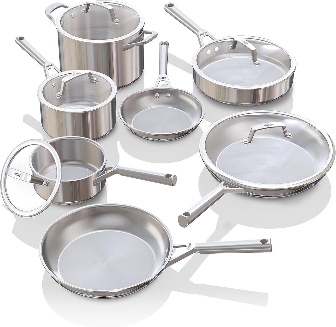 Ninja EverClad Stainless Steel Cookware 12 Piece Pots & Pans Set, All Stovetops & Induction, Oven Safe to 600F, Tri-Ply Commercial-Grade, C99012