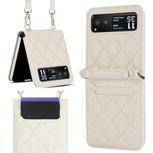 YQODSZ for Motorola Razr 2023 Case with Card Slot & Crossbody Strap & Hand Strap, Slim PU Leather Flip Cover Hinge Protection Card Holder PC Bumper Protective Case for Razr 2023 White
