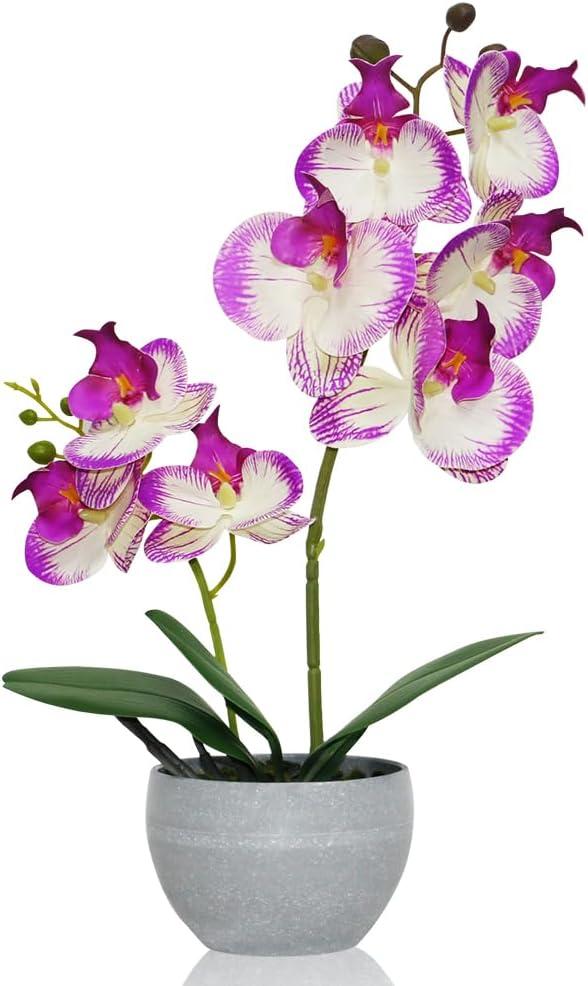 Purple Orchid Artificial Flowers 2 Stems in Grey Pot, Potted Faux Orchid Flower for Home Bathroom Table Living Room Office Kitchen Decor