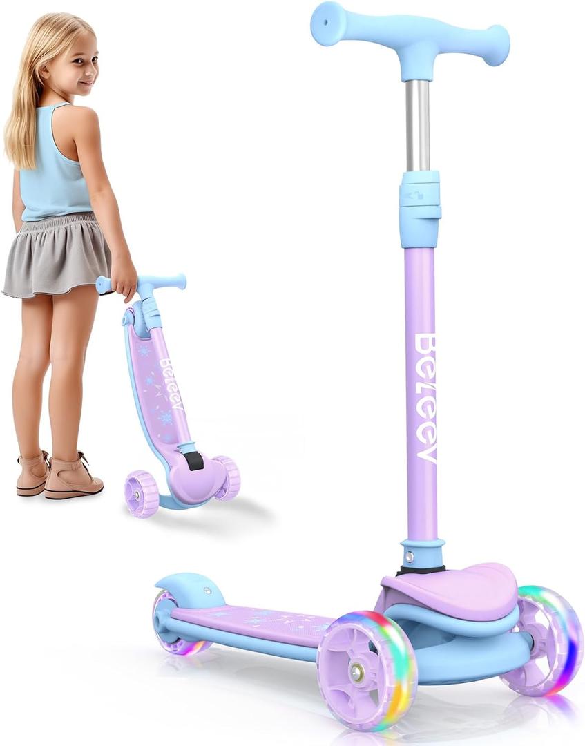 BELEEV A8 Scooter for Kids Ages 3-12, 3 Wheel Folding Scooter for Toddlers Girls Boys, LED Light-Up Wheels, 4 Adjustable Height, Lean to Steer, Extra Wide Wheels, Three Wheel Kick Scooter for Children (Purple)