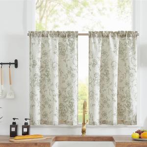 jinchan Floral Linen Tier Curtains Floral Sage on Beige Cafe Curtains 24 Inch Length Kitchen Living Room Bedroom Bathroom Farmhouse Rustic Country Rod Pocket 2 Panels (26"W x 24"L (Pack of 2), Floral Sage on Beige)