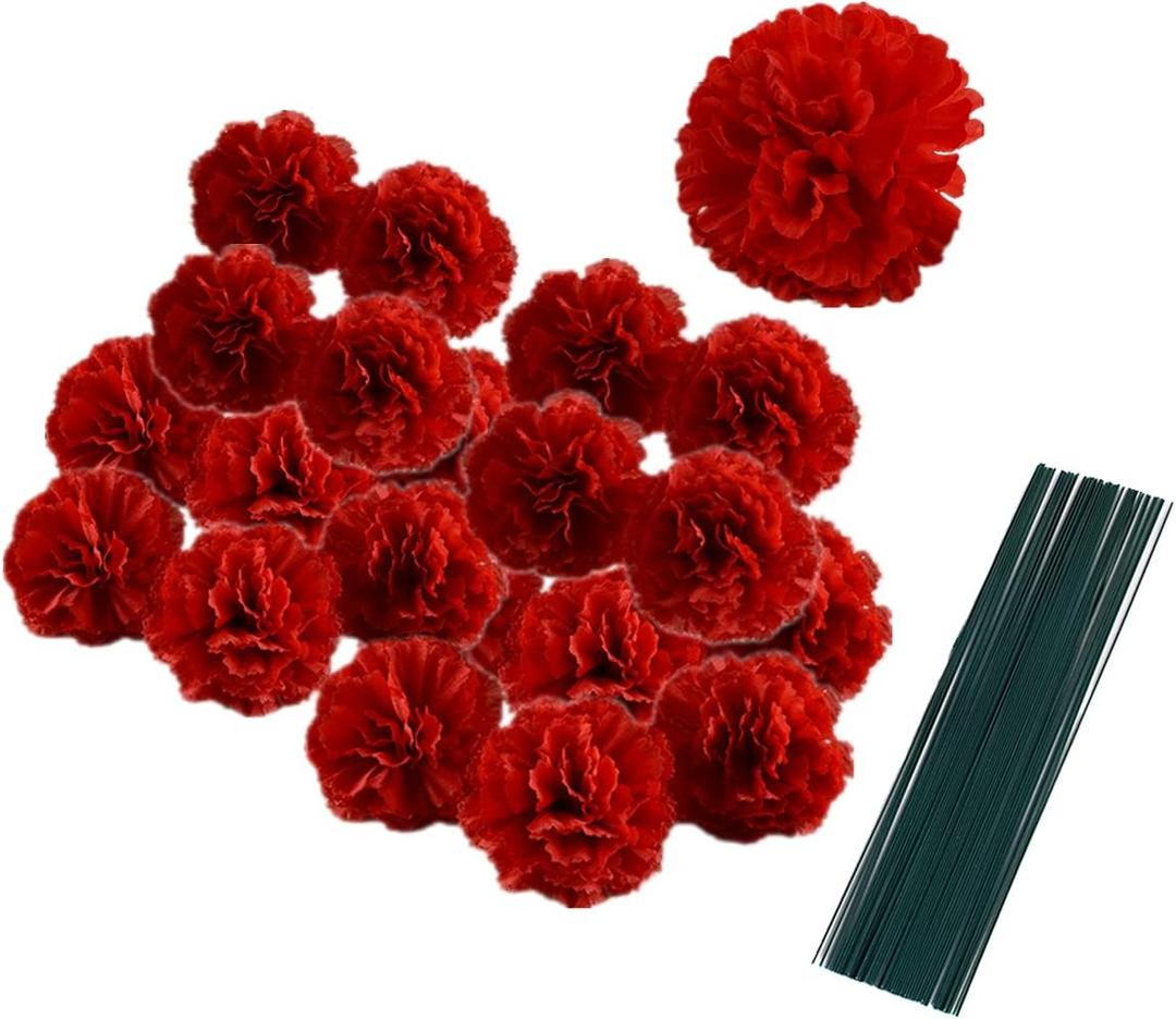 50 Artificial Silk Carnation Flower Head with Stems Set,Vase Fillers,Marigold Flower Heads for Diwali Home Decor Day of The Dead Wreath Garland Cake Ornaments,2"Petals Heads with 8" Stems (Red)