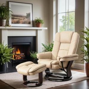 JC Home Argus Swivel Recliner with Ottoman, PU Leather & Wood Base Reclining Chair with Footrest, Ultra-Plush Double Foam for Living Room, Bedroom and Office (Cream)