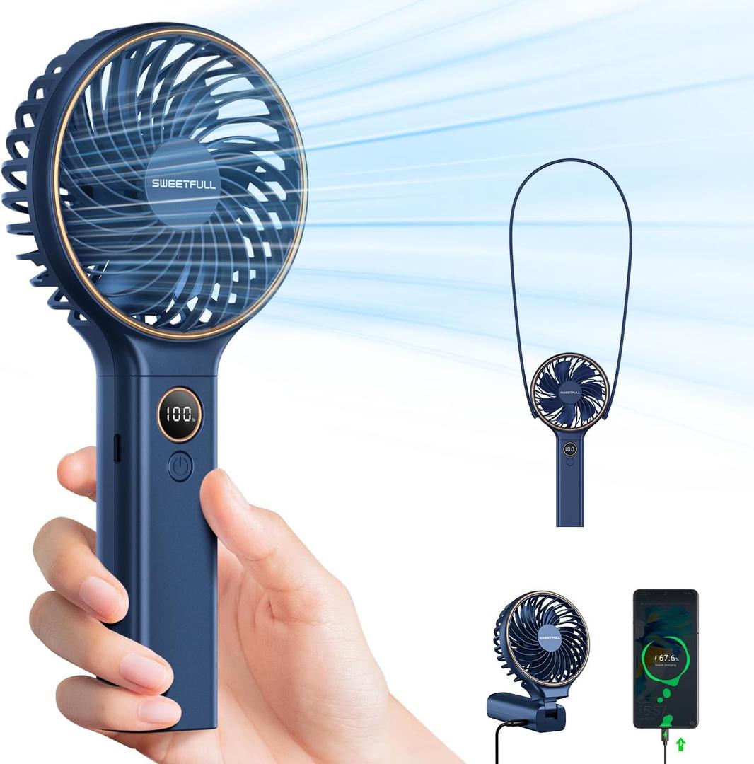 SWEETFULL Handheld Portable Fan, 5000mAh Rechargeable Battery, 6 Speed Wind, LED Digital Display, Foldable Electric Personal Mini Travel Fan with Backup Power, Summer Essentials Gifts for Women Girl 