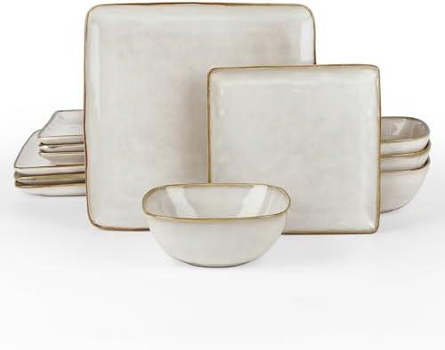 Famiware Dinnerware Sets for 4, Ocean Square 11-Piece Kitchen Plates and Bowls Sets, Reactive Glaze, Microwave and Dishwasher Safe, Scratch Resistant, Cappuccino White