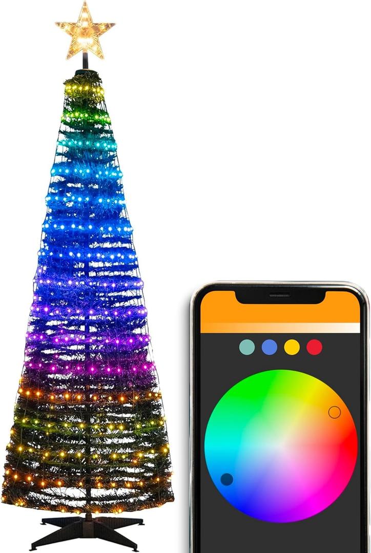 Collapsible Christmas Tree with Lights Bluetooth Smart App Control Prelit Artificial Led Light Show Christmas Trees 27 Modes Pencil Outdoor Christmas Tree Light Show Dimmable Music Sync Schedule, 6 ft