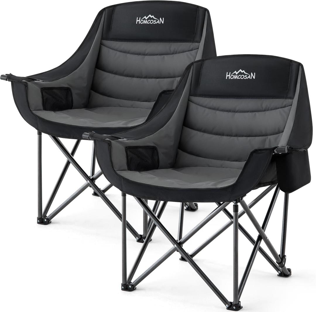Homcosan Oversized Camping Chairs for Adults, Heavy Duty Padded Outdoor Chairs with Cup Holder and Cooler Pocket, Portable Lawn Chairs, Support 500 lbs, Suitable for Outside Use, Grey, 2 PCS