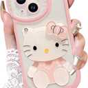 for iPhone 15 Kawaii Cartoon Cute Pink Phone CaseBuilt-in Makeup Mirror for Women Girls, Soft Transparent Protective Pink Phone Case