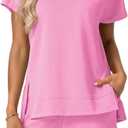 Lepunuo 2 Piece Short Sets for Women Summer Outfits Short Sleeve Tops Elastic Waist Shorts Lounge Set Vacation Travel Outfits (XX-Large, A- Hot Pink)