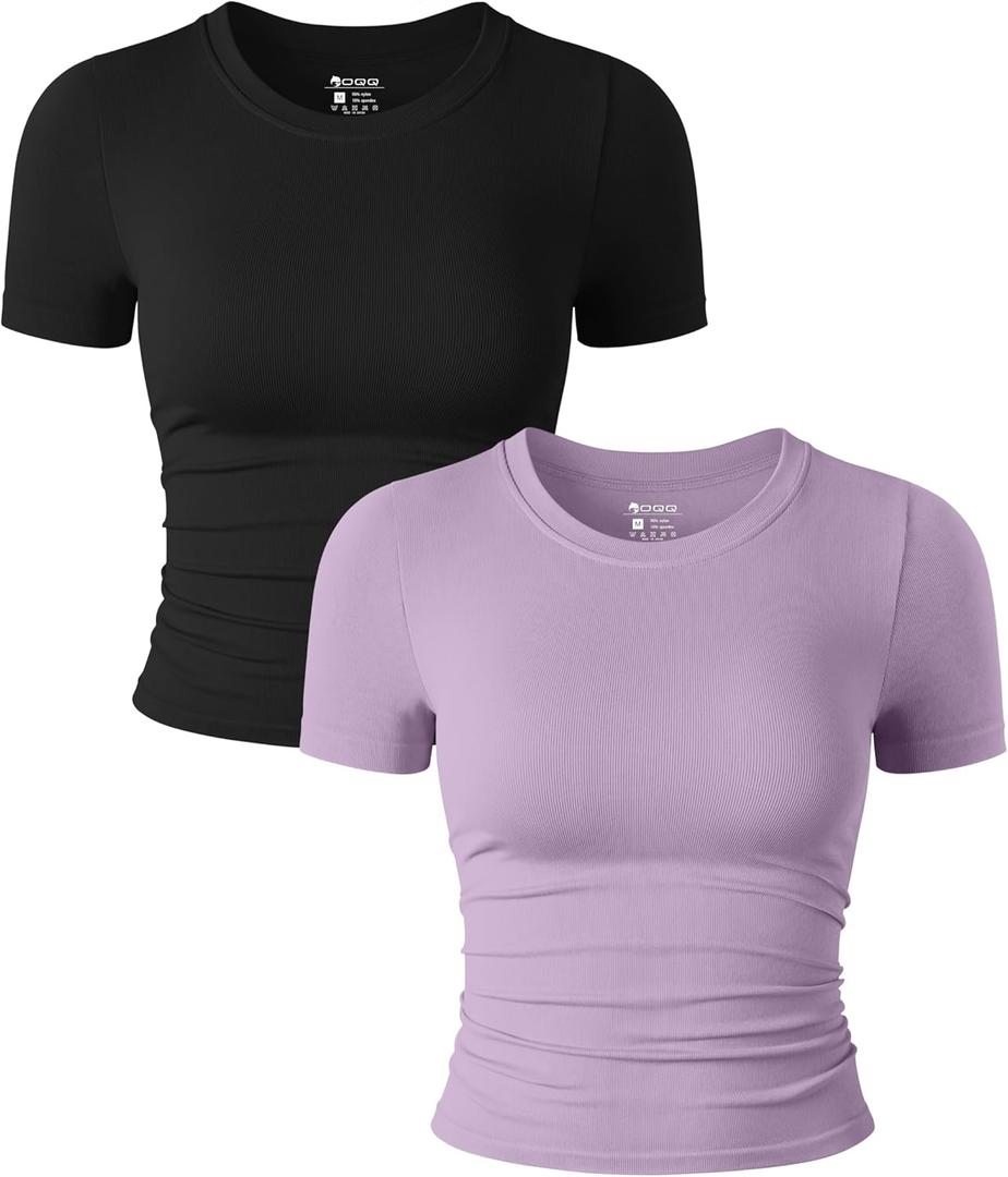 OQQ Womens 2 Piece Shirts Short Sleeve Crew Neck Ruched Stretch Fitted Tee Shirts Crop Tops (Medium, Black,taro Purple)
