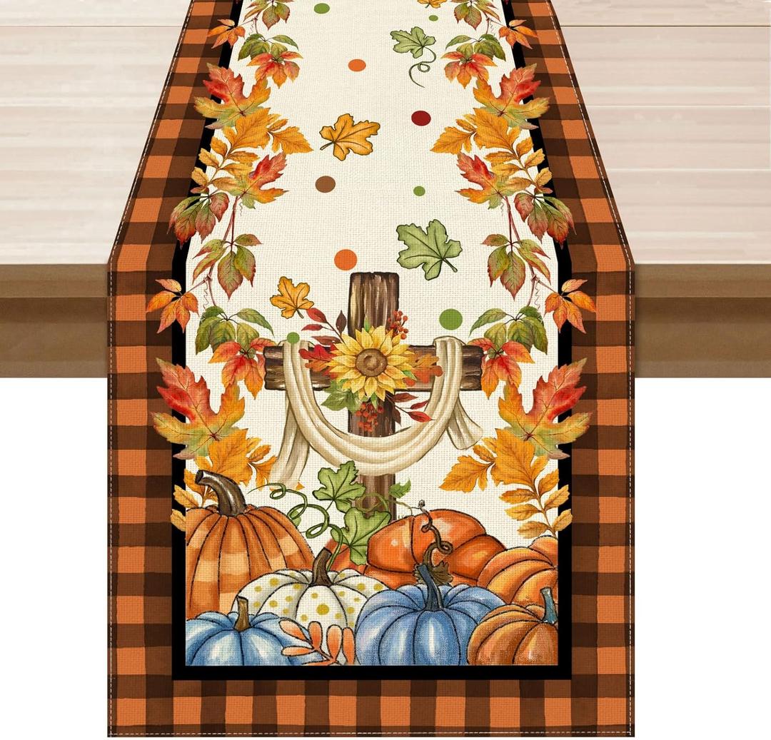 2 x XCHI Fall Cross Pumpkin Maple Leaves Plaid Table Runner Table Decoration for Kitchen Dining Dinner Thanksgiving Autumn Home Decor 13x120 Inch (Orange and Black)
