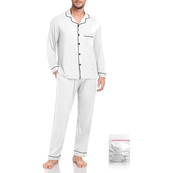 Comfy Pajamas for Men Long Sleeve Modal Pj Set Soft Button Outfits Two Piece Nightwear With Pocket White 2XL