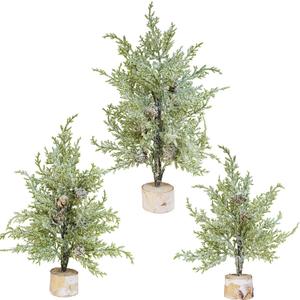 Winlyn 3 Pack Mini Artificial Cedar Trees with Pinecones and Wood Bases Small Tabletop Christmas Trees for Winter Rustic Farmhouse Christmas Holiday Seasonal Indoor Table Centerpiece Desk Decoration