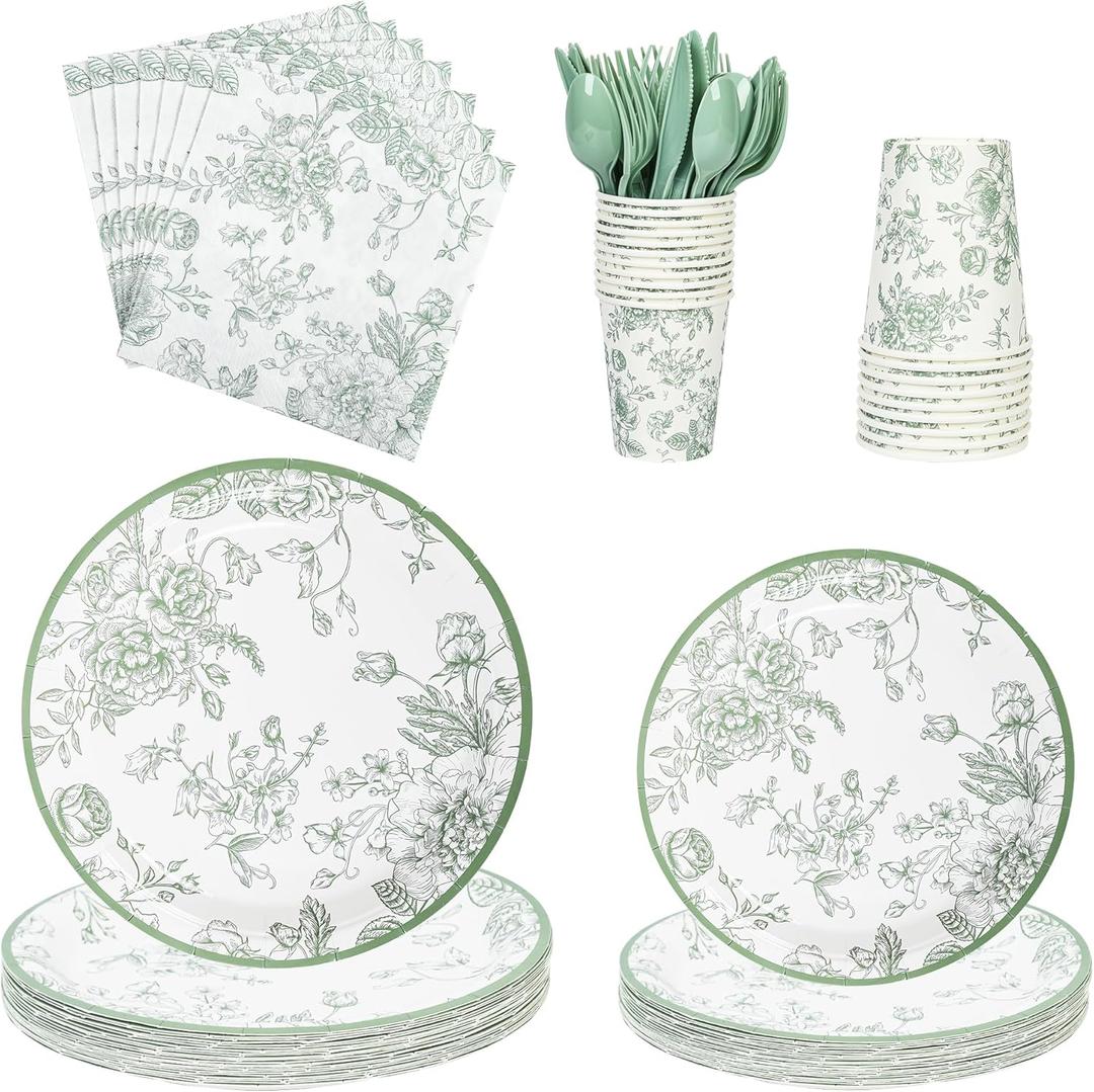 175Pcs Sage Green Floral Paper Plates and Napkins 25 Guests Green Toile Chinoiserie Party Supplies Set Include Plates Napkins Cups Spoons Forks Knives for Birthday Wedding (175, Sage Green Floral)