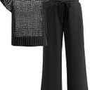 Women Two Piece Outfits Crochet Sheer Knit Sweater Top Wide Leg Pants Lounge Matching Sets Sweatsuit Travel Clothes (X-Large, Black)